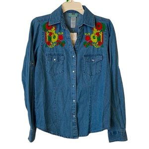 South Main | Small | Women's Denim Button Down Long Sleeve Floral Top